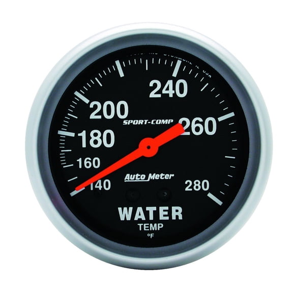 AutoMeter Gauge Water Temperature 3431 Sport-Comp; 2-5/8 Inch; Full Sweep Mechanical; Analog; 140-280 Degrees F; Black Face/Brushed Bezel/Orange Needle; Incandescent Around The Dial