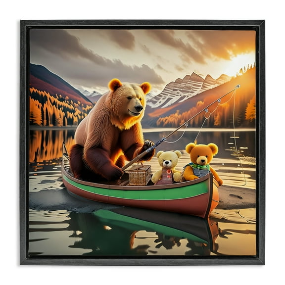 Stupell Industries Bear & Friends on Boat Animals Painting Black Floater Framed Canvas Art Print Wall Art, 18 x 18