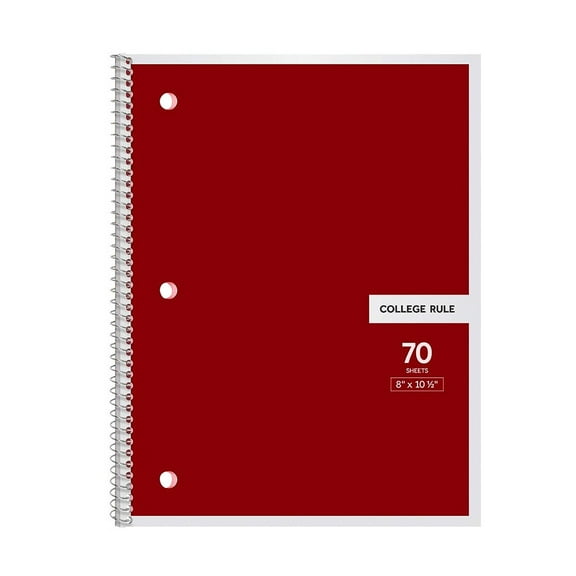 Spiral Notebook, 1 Subject Notebook, College Ruled, 70 Sheets per Notebook, 8" x 10-1/2", Durable Cover, Office Classroom Supplies, Red