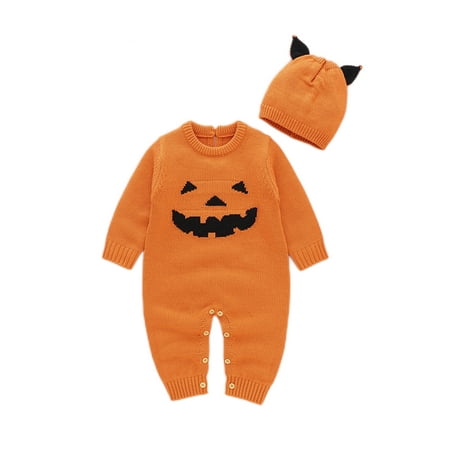 

Frontwalk Newborn Loose Ghost Print Two Piece Outfits Long Sleeve 2Pcs Halloween Romper Infant Ribbed Hem Party Hat And Jumpsuit Sets Orange 90cm