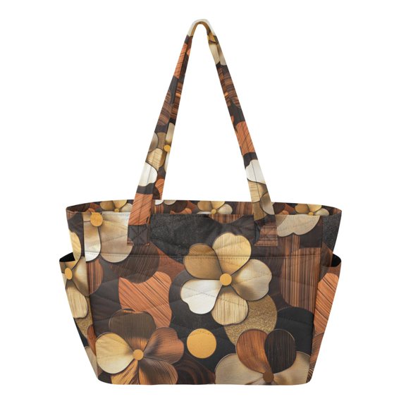 FORMRS Tote Bag for Women Quilted Large Capacity Travel Work Carry On Shoulder Handbag, Gold Flower