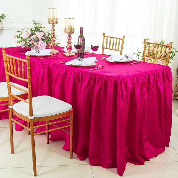Wedding Linens Inc. 6' ft (30"x72") Rectangular Ruffled Fitted Crushed Crinkle Taffeta Tablecloth With Skirt for Party, wedding, events, décor - Fuchsia