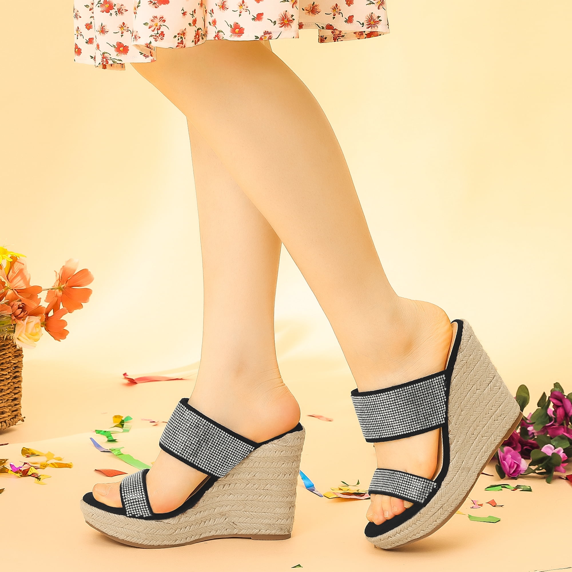 Unique Bargains Women's Platform Rhinestones Espadrille Wedge Sandals