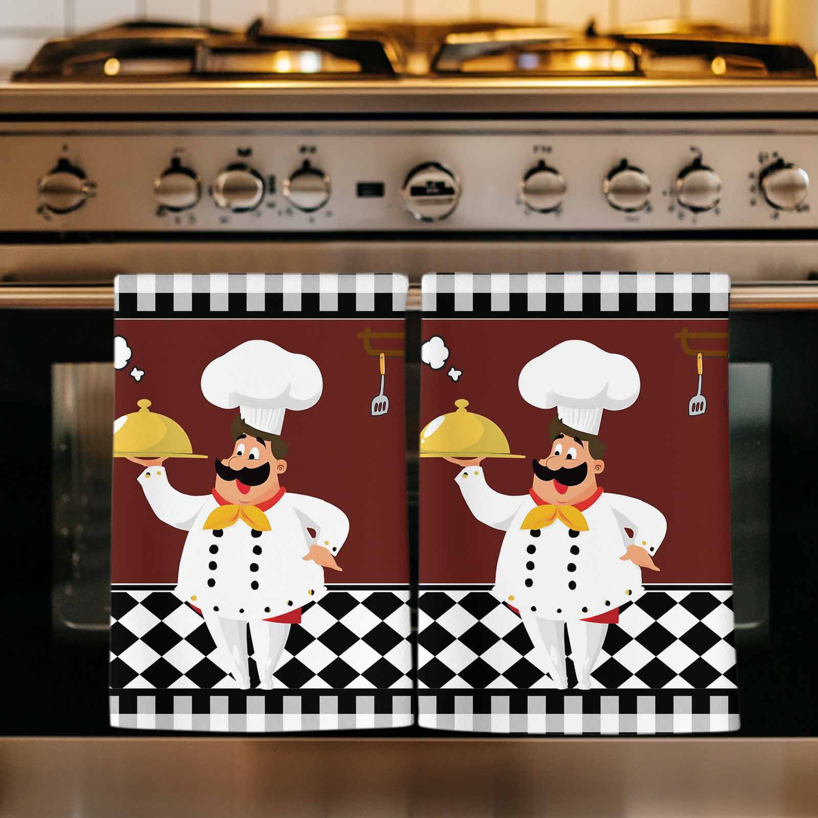 Dish Towels, Cartoon Chef Absorbent Kitchen Towels 2 PCS, Kitchen Gourmet Black Plaid Microfiber Hand Towels Dish Cloths Tea Towels for Home&nbsp;Bathroom Cleaning Drying,18X28-Inch,