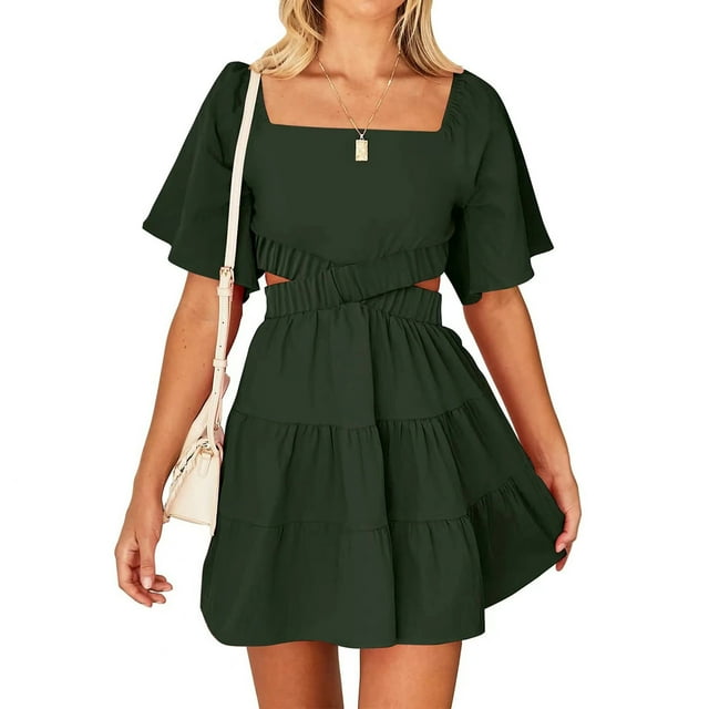 Gspmoly Robes pour Femmes, Mode Femmes Robe Mini à Encolure Carrée d'Été Unie Décontractée à Manches Courtes Robes de Cocktail pour Femmes jusqu'à 65 % de Rabais