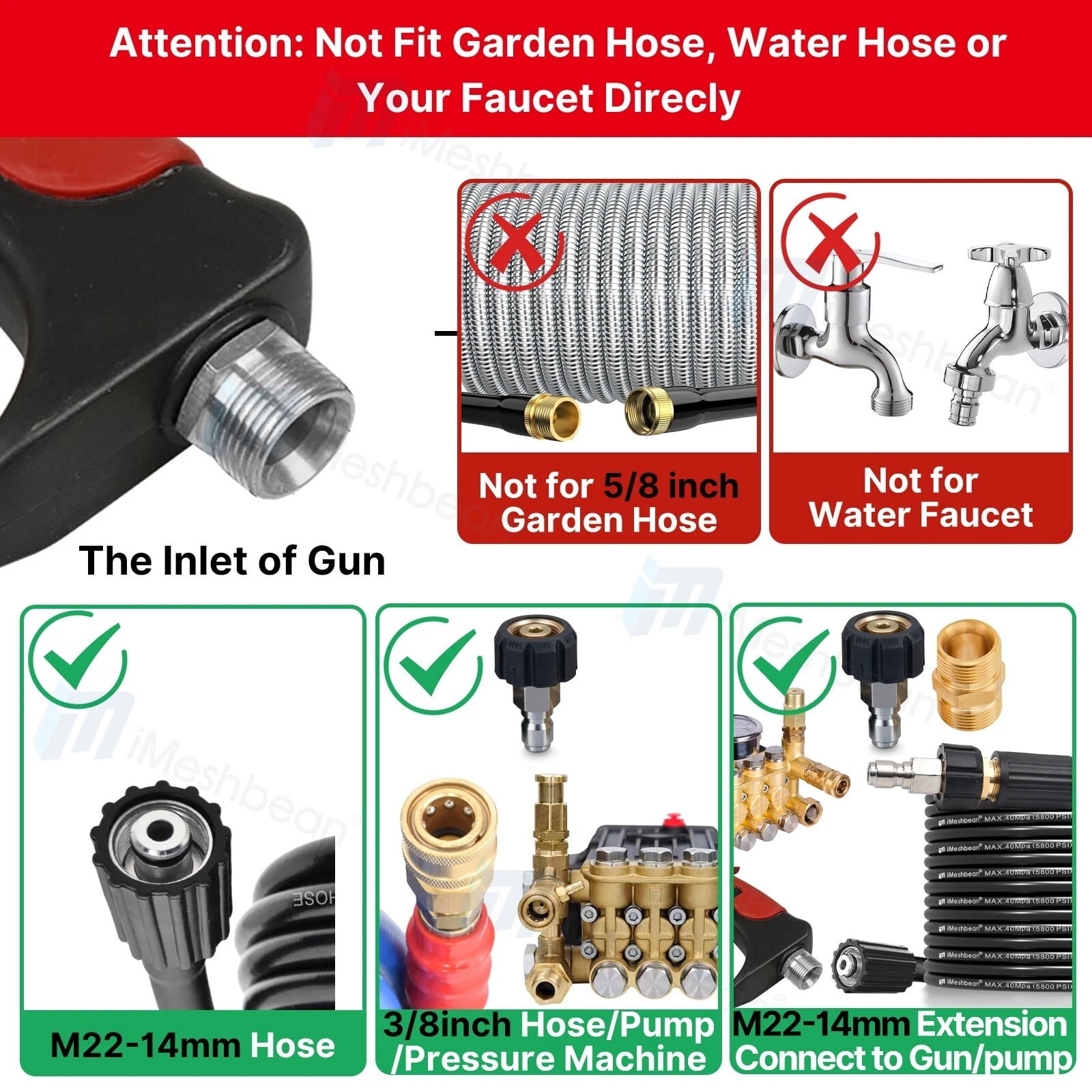 iMeshbean 4000 PSI Pressure Washer Gun 3/8" QC & M22-14mm Inlet Wand Lance Hose Spray Nozzle