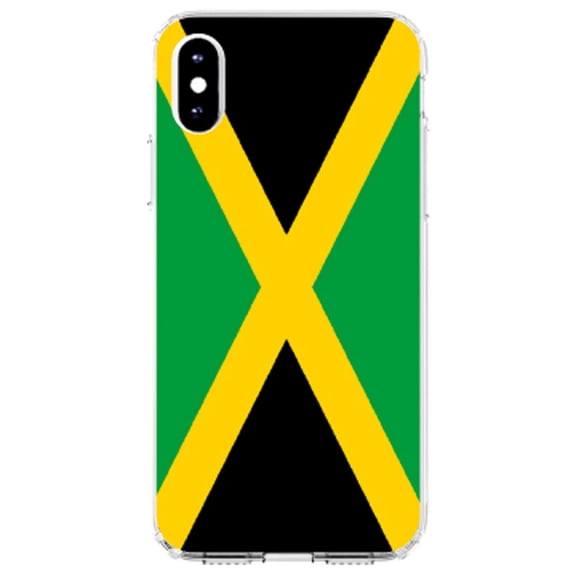 DistinctInk Clear Shockproof Hybrid Case for iPhone XR (6.1" Screen) - TPU Bumper, Acrylic Back, Tempered Glass Screen Protector - Jamaica Flag Black Green Yellow - Show Your Love of Jamaica