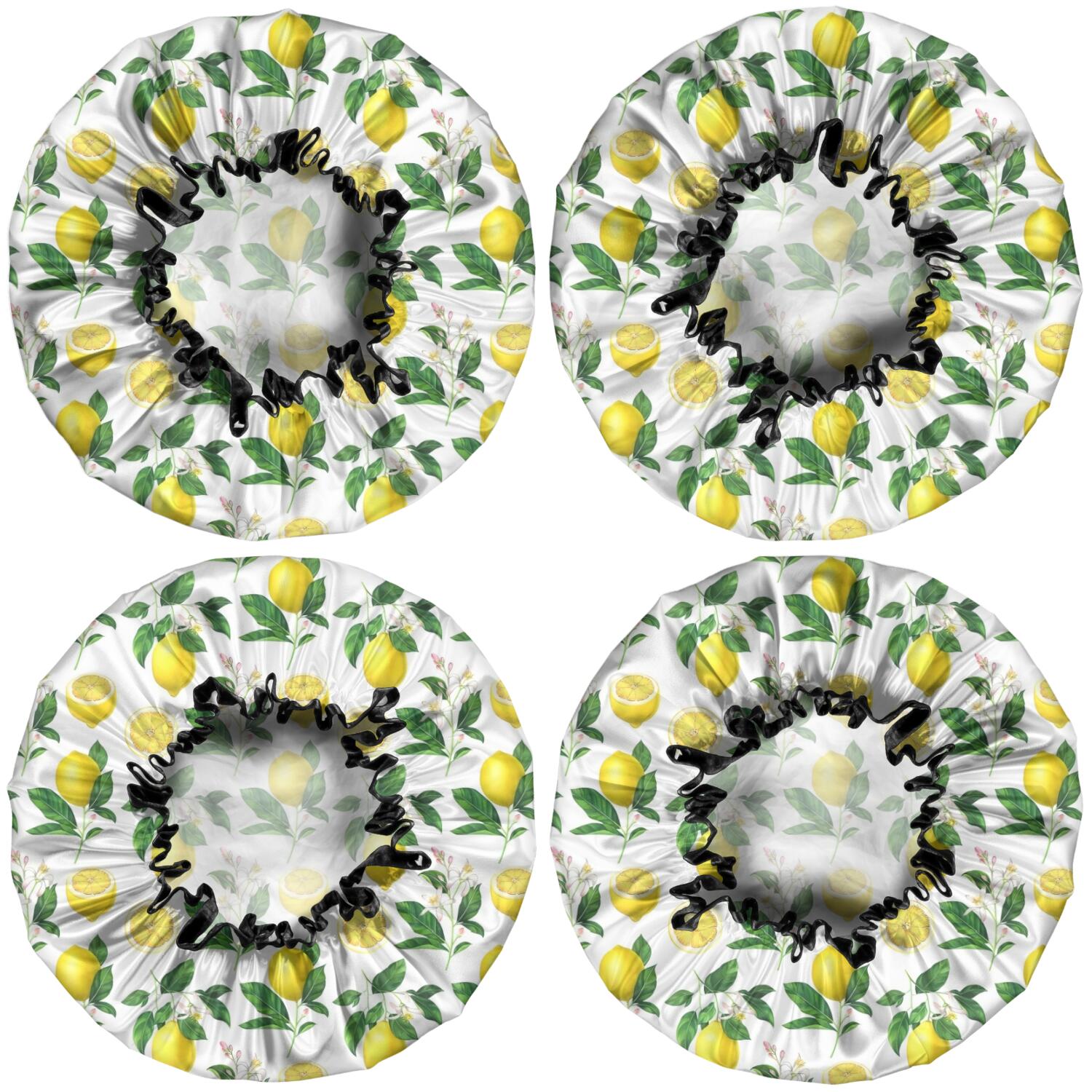 Shower Caps,Yellow Lemon Fruit Slices White Pattern Waterproof Shower Cap for Women 4 Pieces,Double Reusable Hair Cover for Shower PEVA Elastic Stretch Hem