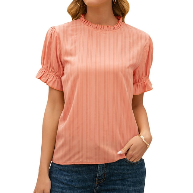 Women Button Keyhole Back Ruffled Mock Neck Short Sleeve Pure Color Blouse