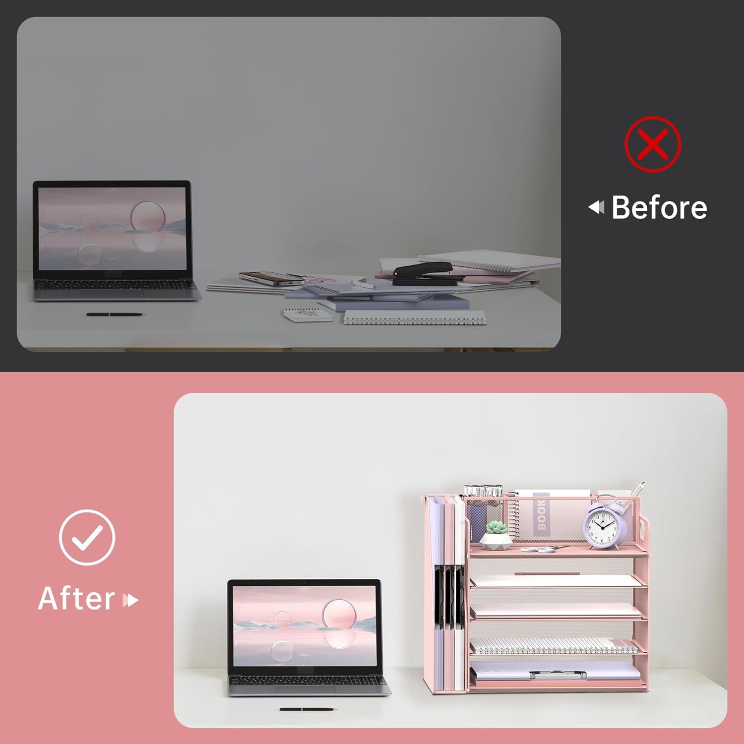 INTIGE 5 Tier Metal Desk File Organizer with File Rack and Pen Holders, Pink, 1 Pcs
