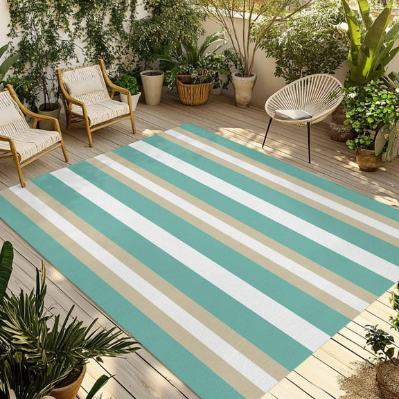 Fsddascl Turquoise Khaki Striped Outdoor Rug for Patio/Deck/Porch, Non-Slip Large Area Rug 5 x 8 Ft, Modern Minimalism Abstract Art Indoor Outdoor Rugs Washable Area Rugs, Camping Rug Carpet