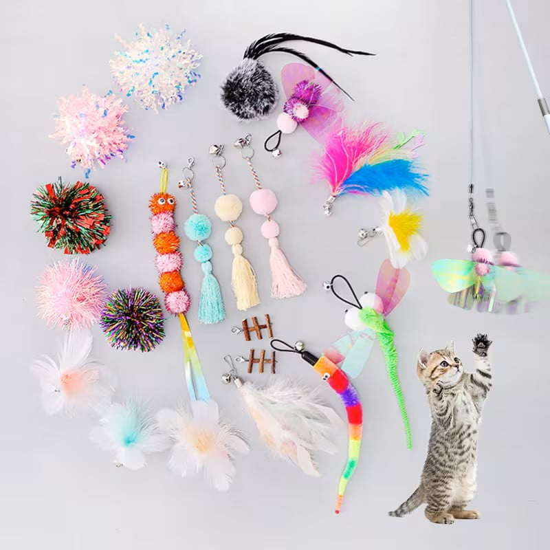 Cat Wand Replacement Cat Teaser Attachment Feather Cat Toy Pom-Pom Cat Toy Kitten Interactive Toy Cat Toy with Bell Indoor Cat Play Toy Without Battery