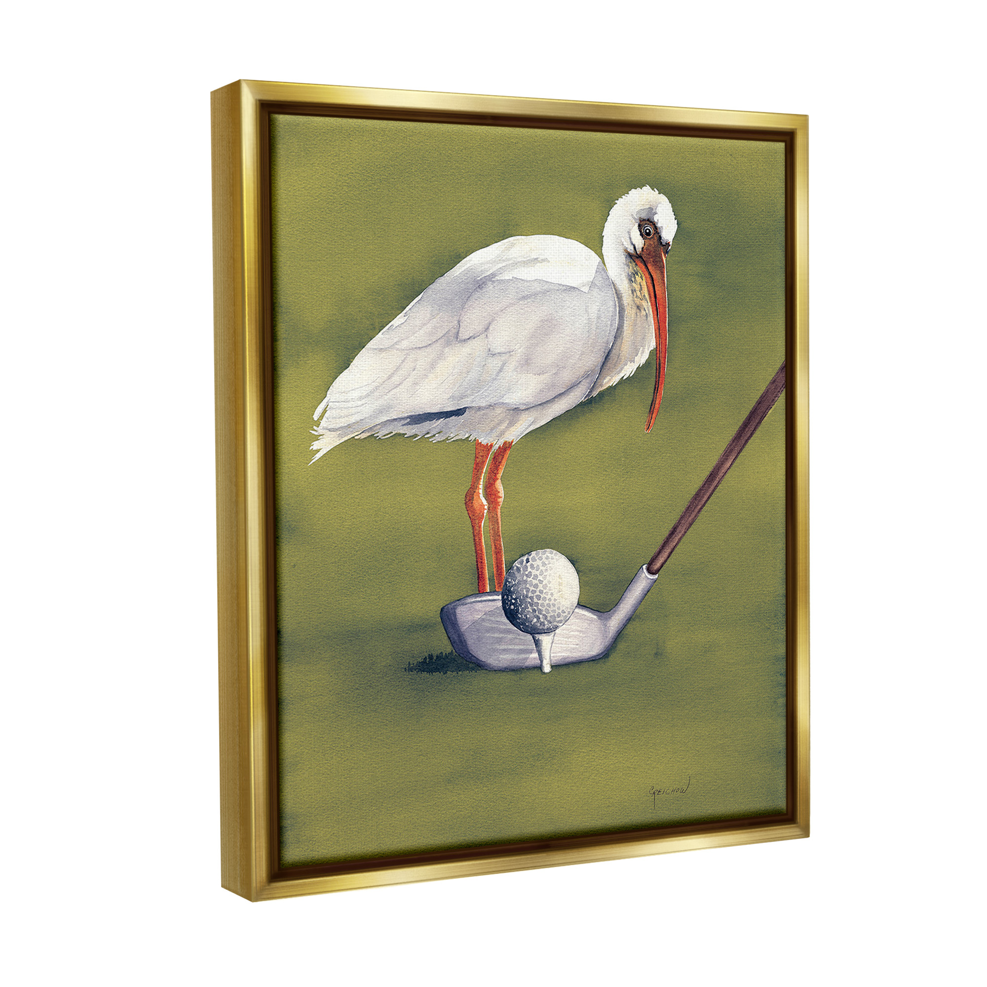 Stupell Industries Bird with Golf Club Animals & Insects Painting Gold Floater Framed Canvas Art Print Wall Art, 25 x 31