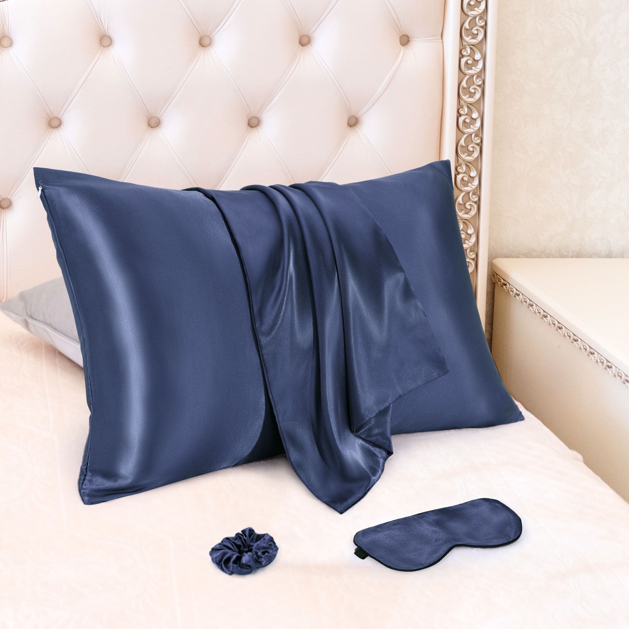 Unique Bargains Durable Soft Zippered Closure Set of 2 Satin Pillowcase Navy Blue Standard(20"x26")