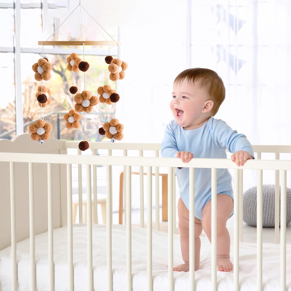 Baby Crib Wind Chimes – Cotton Flower Pendant Hanging Toy, Soothing Nursery Mobile for Newborns, Black