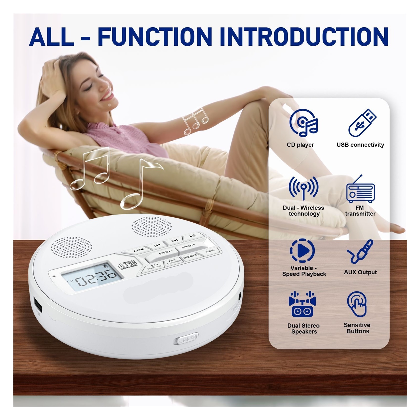 Multifunctional CD Player with Repeater USB Playback Stereo Speakers Ideal for Study and Music