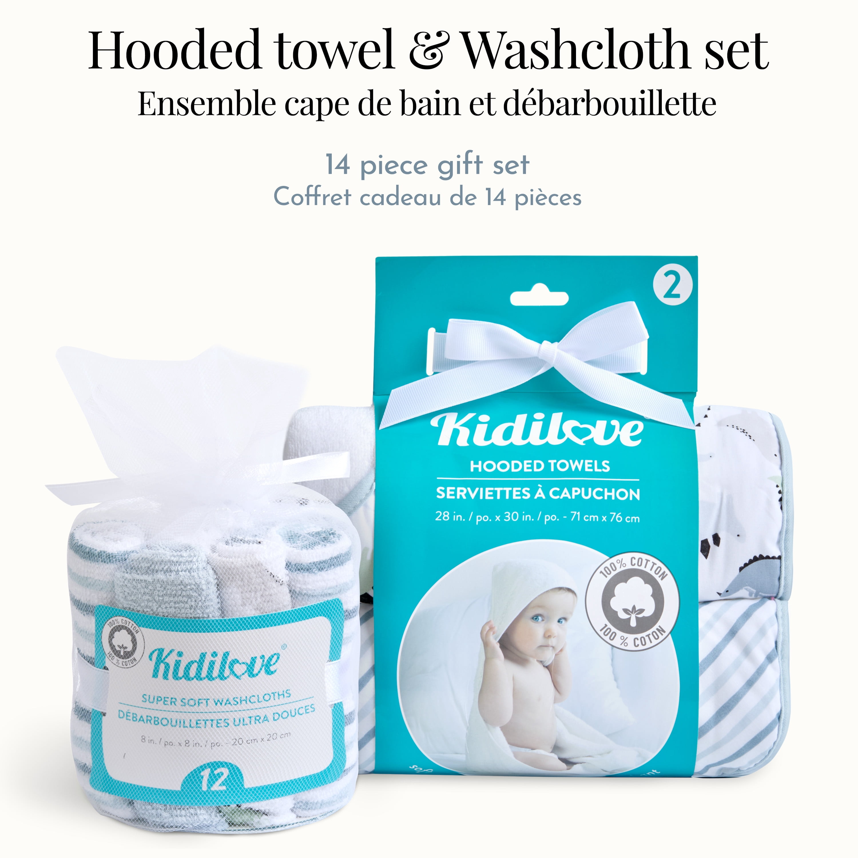 Dream On Me Baby 2 Piece Hooded Towels & 12 - Piece Washcloth Set in Blue Dino Print