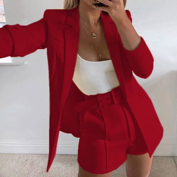 Meichang Blazer Sets Women 2 Piece Outfits Solid Long Sleeve Blazer with Short Pants Set Casual Open Front Office Outfits with Belt