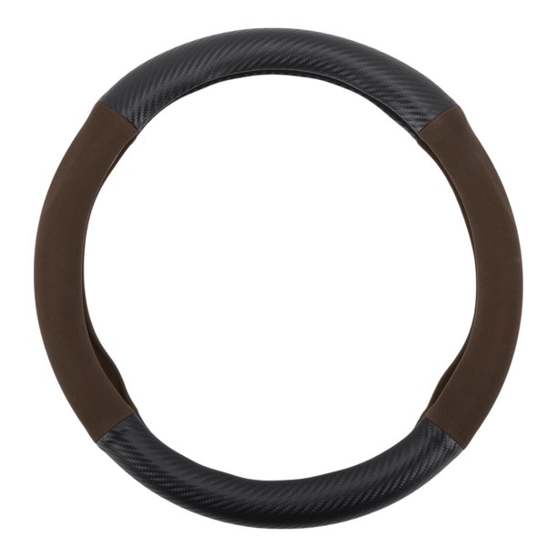 Cubierta de volante de cuero PU Unique Bargains, protector de volante de coche ABS de 14.96" en negro y marrón oscuro con patrón de fibra de carbono, 1 pieza