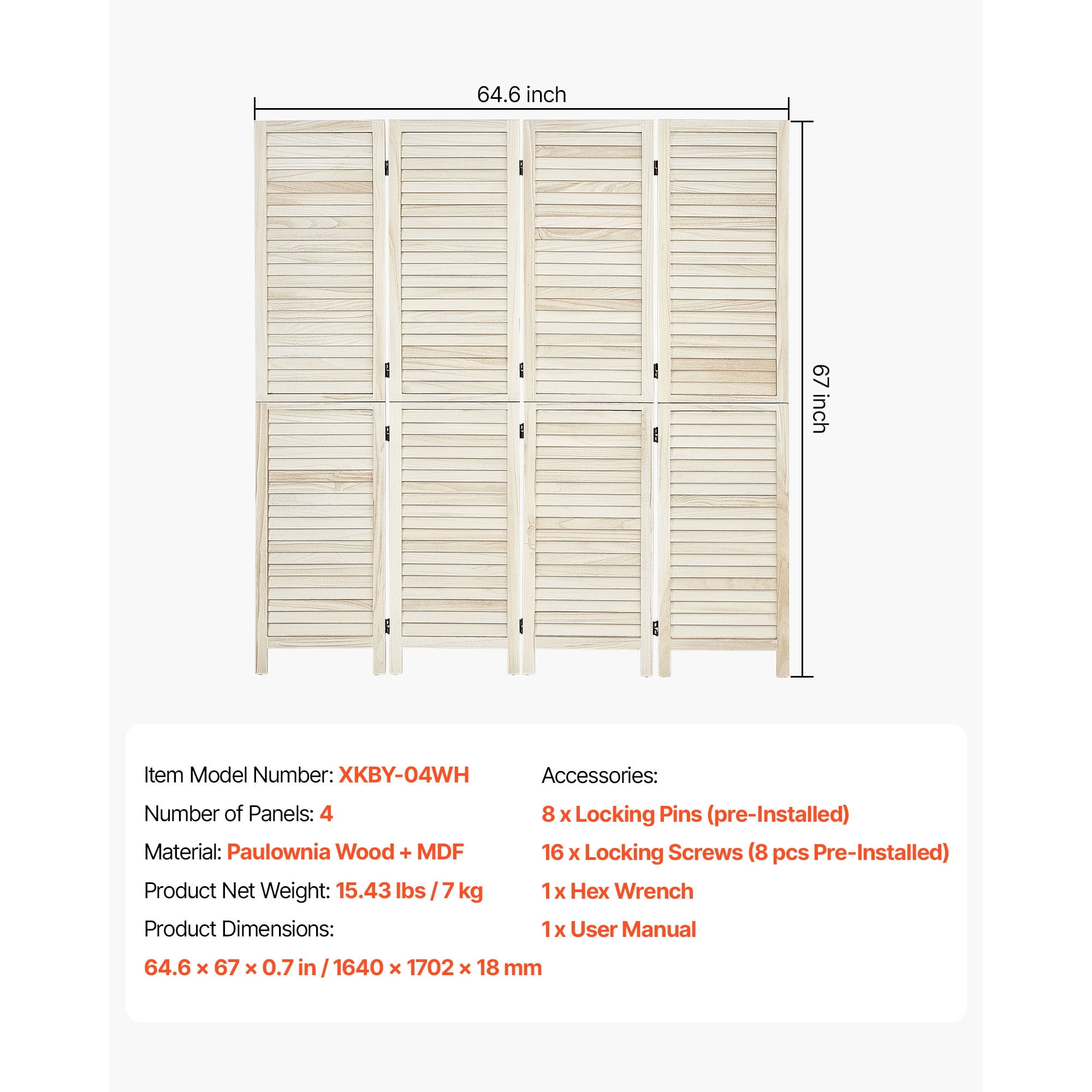 KFFKFF Wood Room Divider with 4 Panels, 67-inch Tall Folding Privacy Screen for Home Decoration and Space Separation, Durable Wooden Frame, 360° Dual-Directional Hinges, Simple Assembly