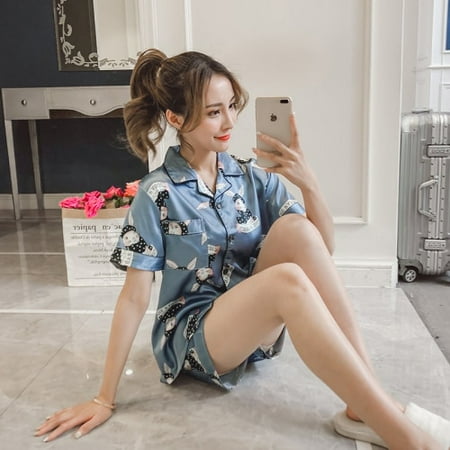

DanceeMangoo Short Sleeve Silk Pajamas Set Cute Flowers Print Sleepwear Summer Saft 4XL 5XL Spring Women Nightwear Casual Home Clother