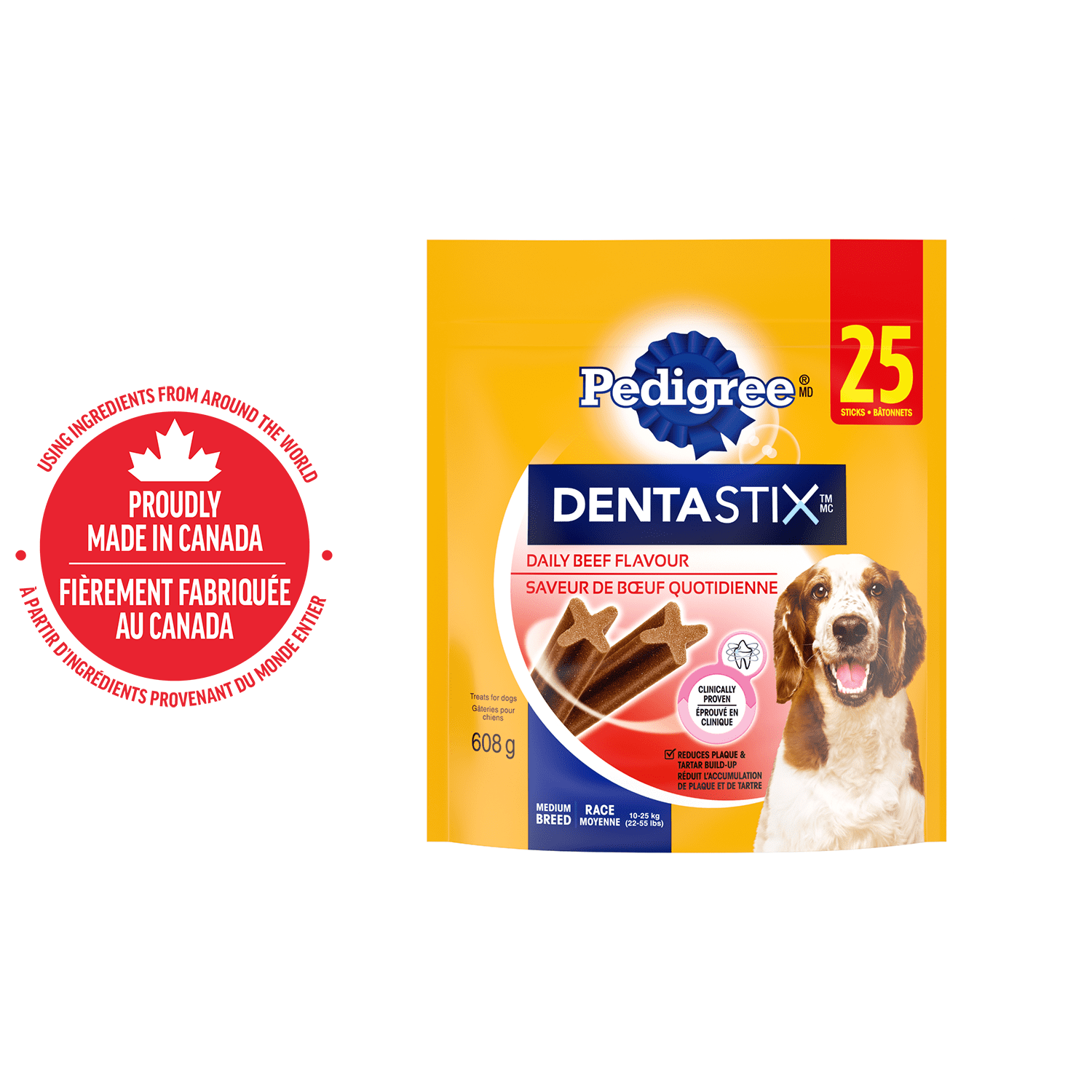 Gâteries de soins buccodentaires PEDIGREE DENTASTIX saveur de bœuf pour chiens de race moyenne, 25 bâtonnets, sachet de 608 g