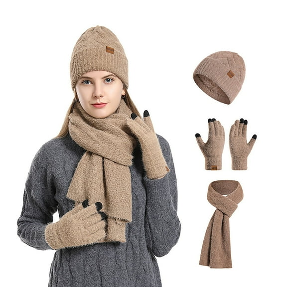 Women Touchscreen Knit Hat Set - Plush Beanie Scarf Gloves Combo, Ear Flap Windproof Warm Stocking Stuffers, Winter Christmas Gifts For Teen Girls Christmas Gifts for Teens