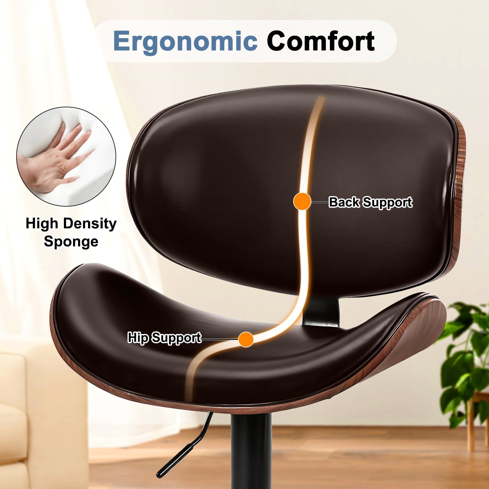 EDX Bar Stools Set of 2 for Kitchen Counter, Adjustable Bentwood Barstools, Modern PU Leather Upholstered Bar Chair with Back and Footrest, for Bar, Kitchen, Dining Room, Brown