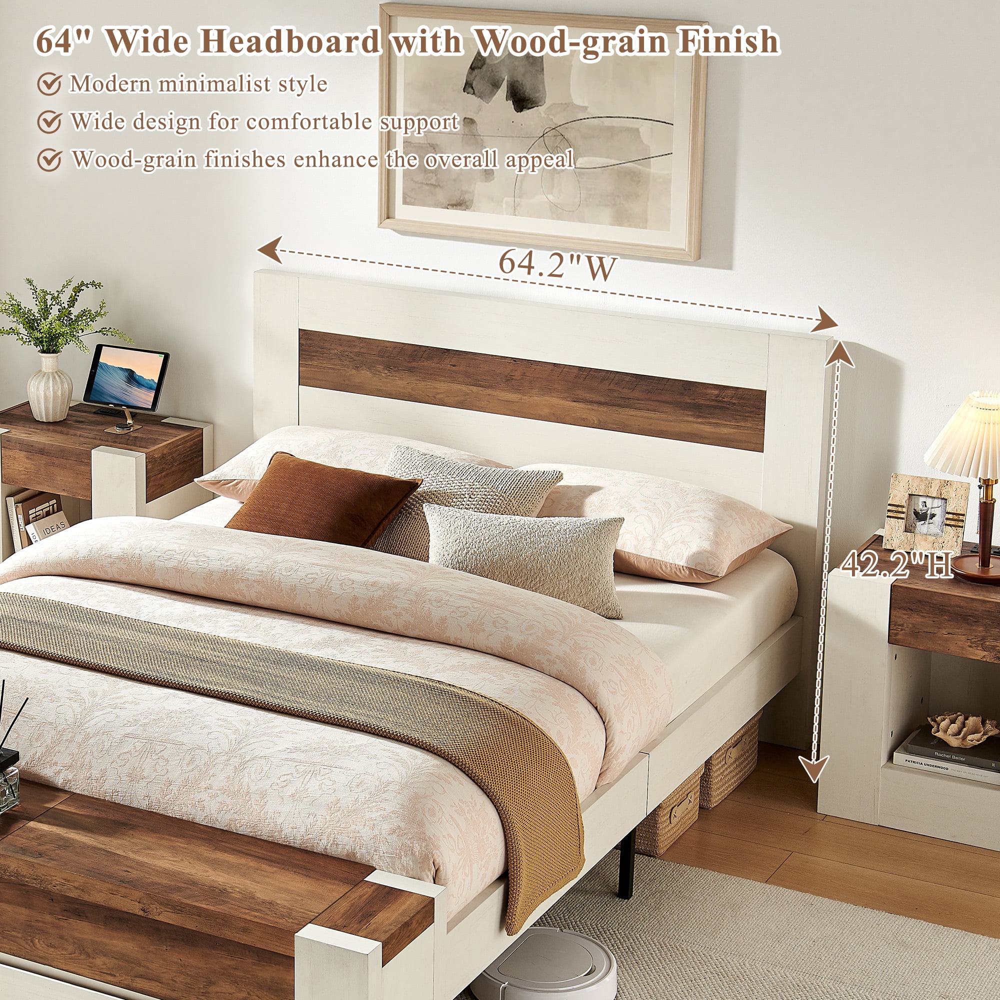 KeyWhat Modern Queen Size Storage Bed Frame with Panel Headboard, Footboard Storage Bench, Built-In Drawers, Lift-Up Compartments, No Box Spring Needed, Antique White