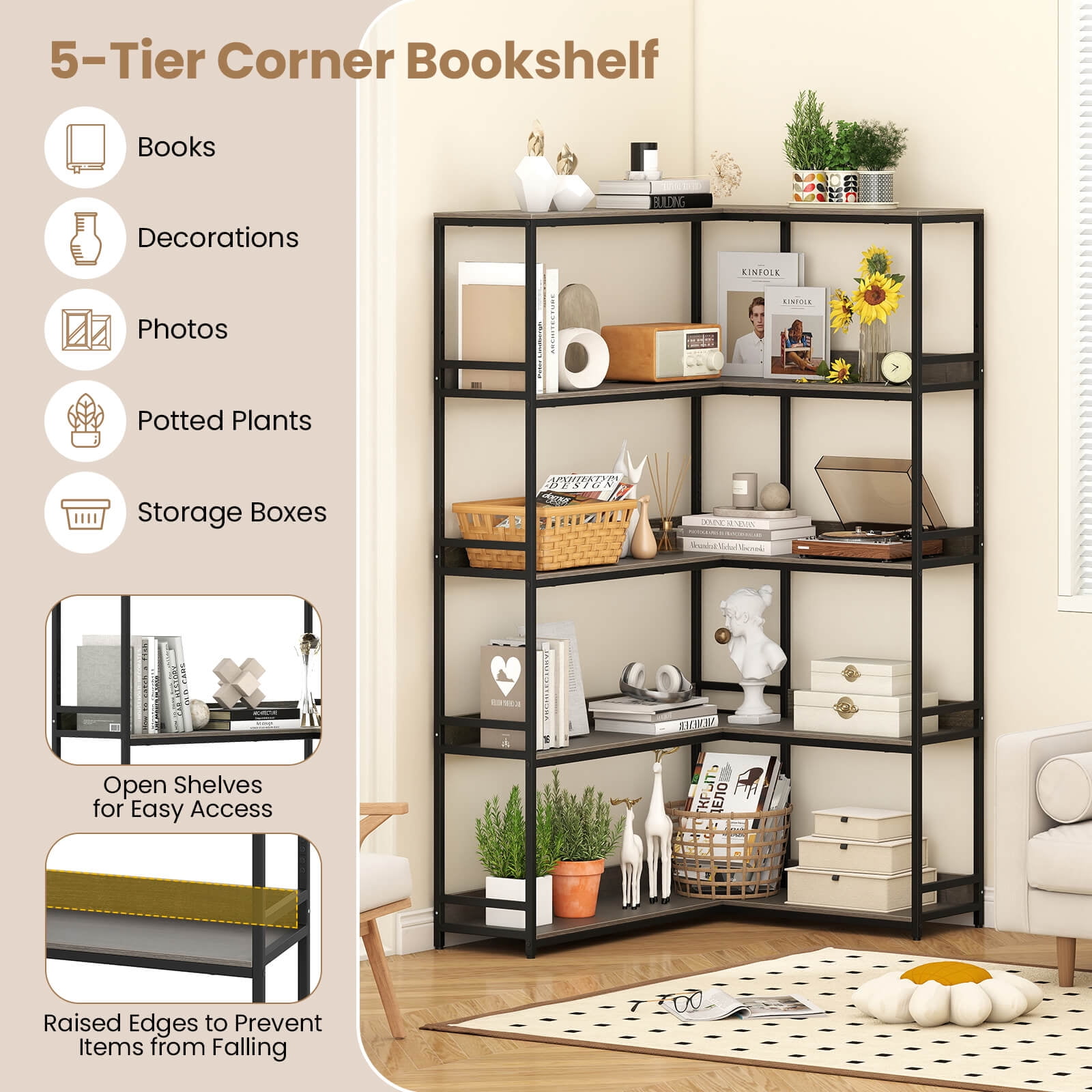 Costway 5-Tier L-Shaped Bookcase Corner Bookshelf with Metal Frame Open Display Shelf Gray