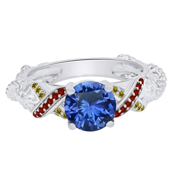 AFFY Round Cut Simulated Multi Stone Belle Princess Style Engagement Wedding Ring In 14k White Gold Over Sterling Silver With Ring Size 4