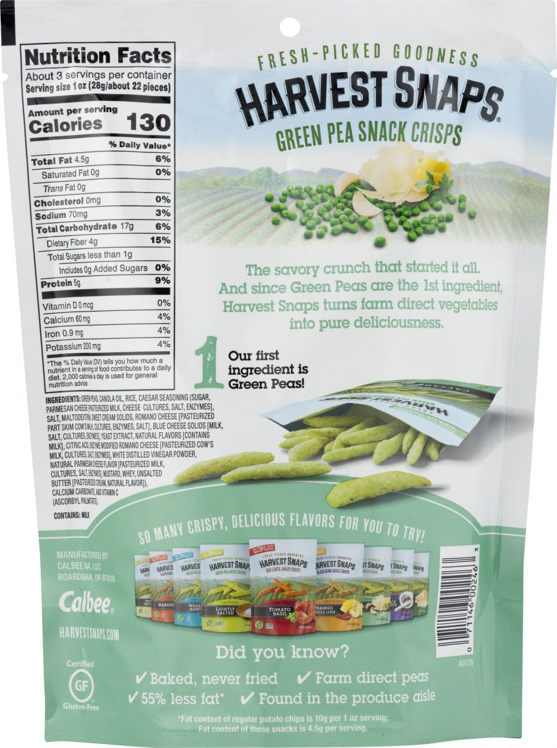 Pack of 12, Harvest Snaps Light & Creamy Green Pea Snack Crisps, 3.3 oz