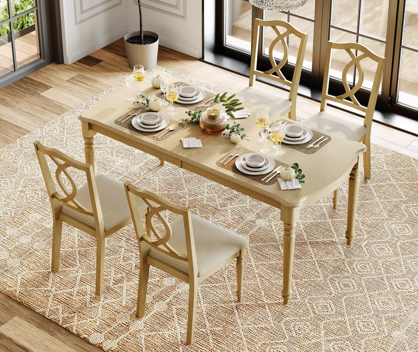 5 Piece Dining Table Set for 4-6 People - Includes One Dining Table, 4 Cross Back Dining Chairs, Rustic Dining Set for Kitchen, Oak