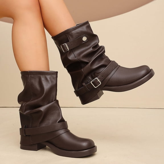 EliteGoogv Womens Mid Calf Boots Chunky Heel Side Zipper Pull On Round Toe Boots For Women Fall Winter Comfortable Walking Shoes US:8