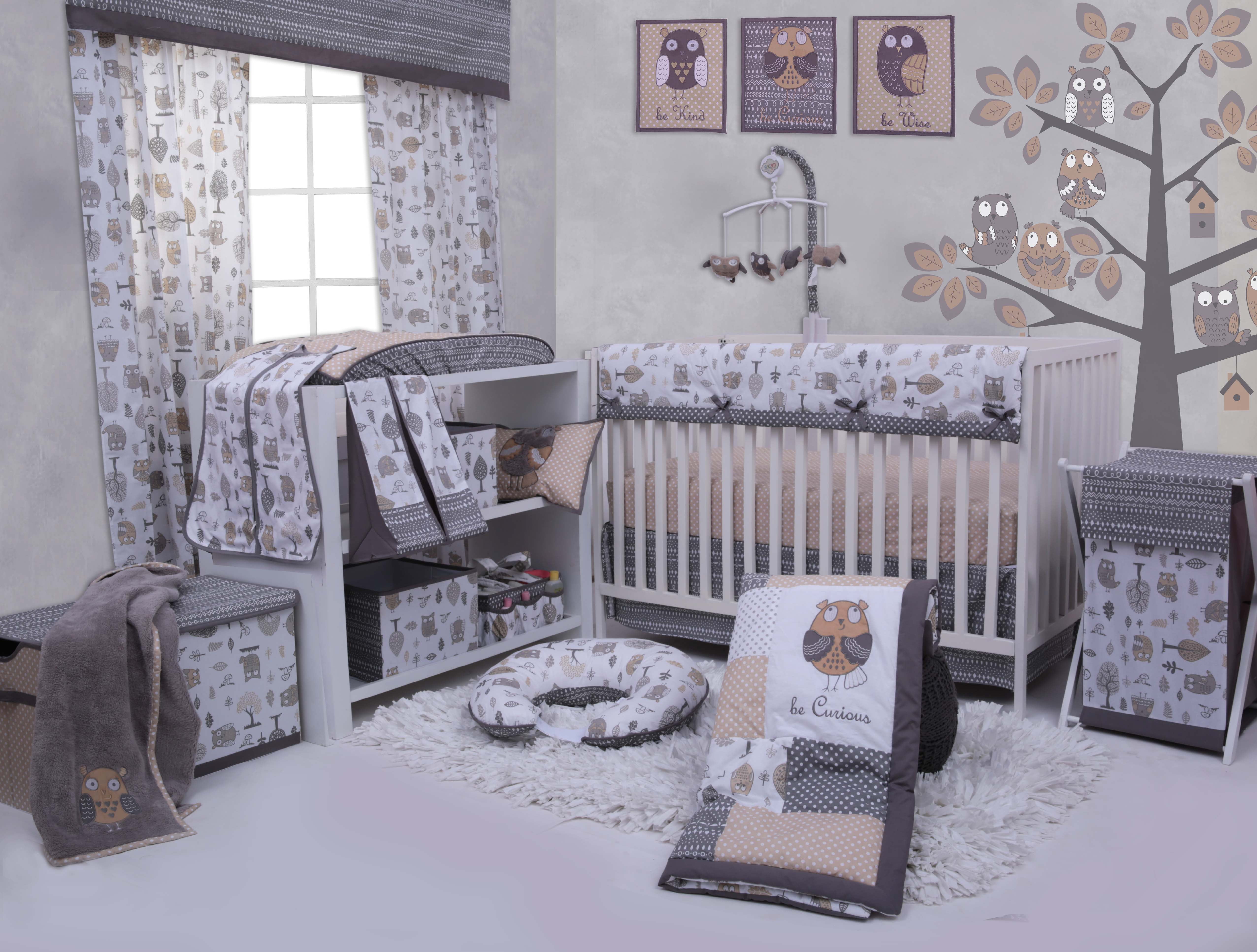 Bacati - Owls Grey/Beige Neutral Cotton Crib/Toddler Crib Skirt