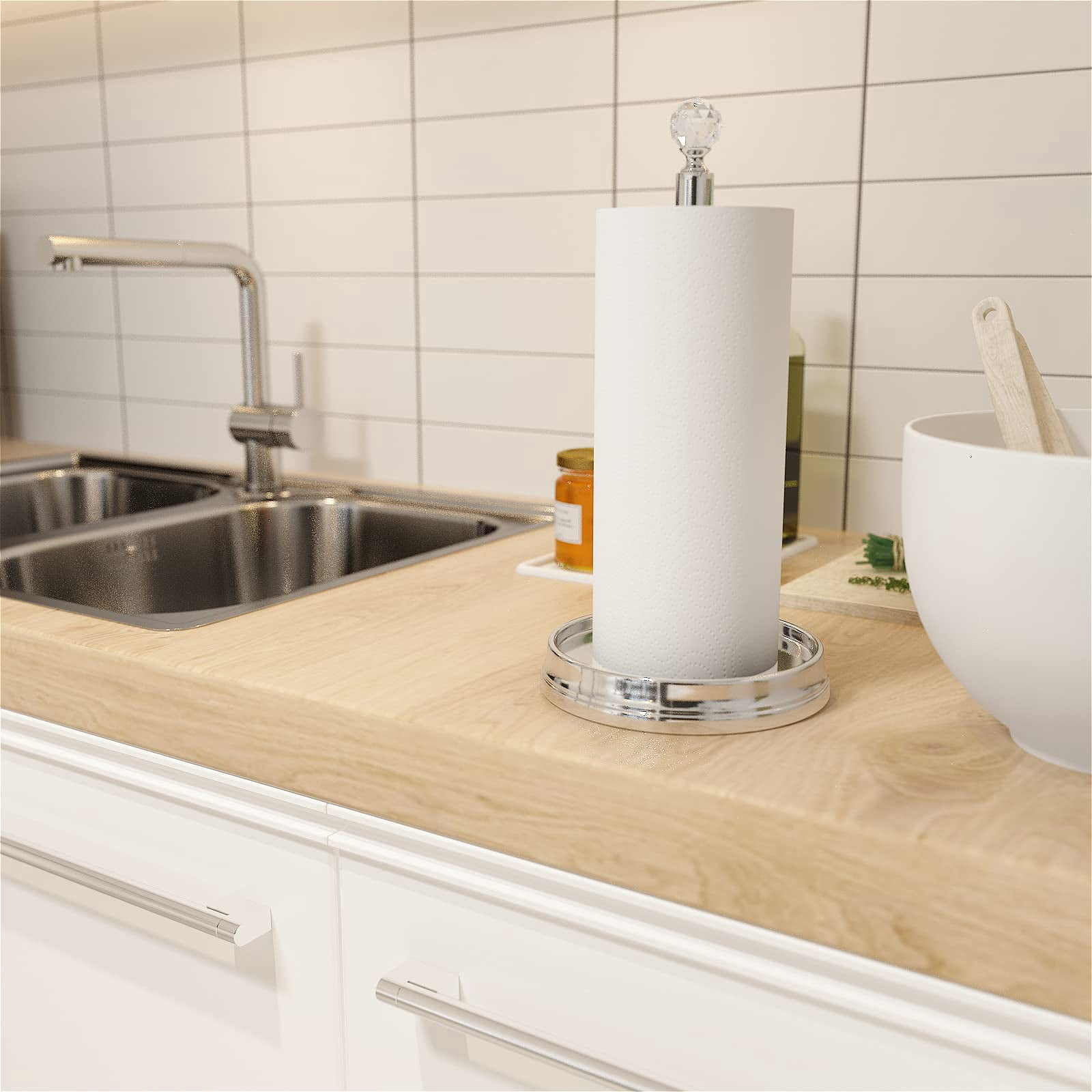 Crystal Ball Paper Towel Holder - Steel Stand For Countertops & Tables  Fits Standard Rolls Polished Chrome