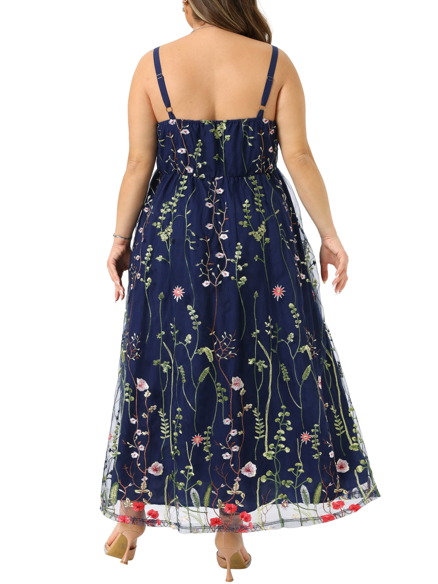 DARING DIVA Women's Plus U Neck Sleeveless Embroidered Mesh 1X Dark Blue