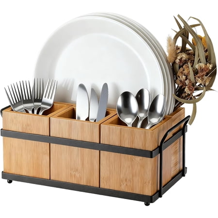 Bambǒo Flatware Caddy Organizer. Countertop Cutlery Holder with 4 Removable Compartments and Metal Tray for Buffet. Camping and Kitchen Use