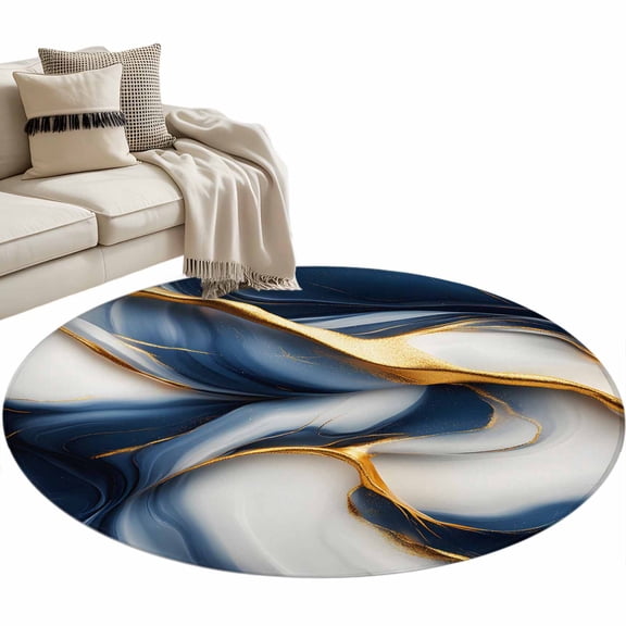 Navy Blue Marble Round Rug 3ft Area Rug Washable Soft Non-Slip 3' Circle Low Pile Rugs Gold Modern Art Carpet for Bedroom Living Room Entryway Home Office Dining Room