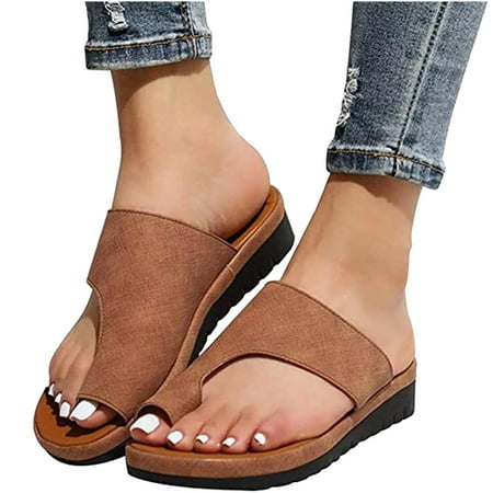 

Comfy Platform Flat Sole PU Leather Shoes for Womens Orthopedic Bunion Corrector Sandals Casual Soft Ring Slides Slipper Flip Flops