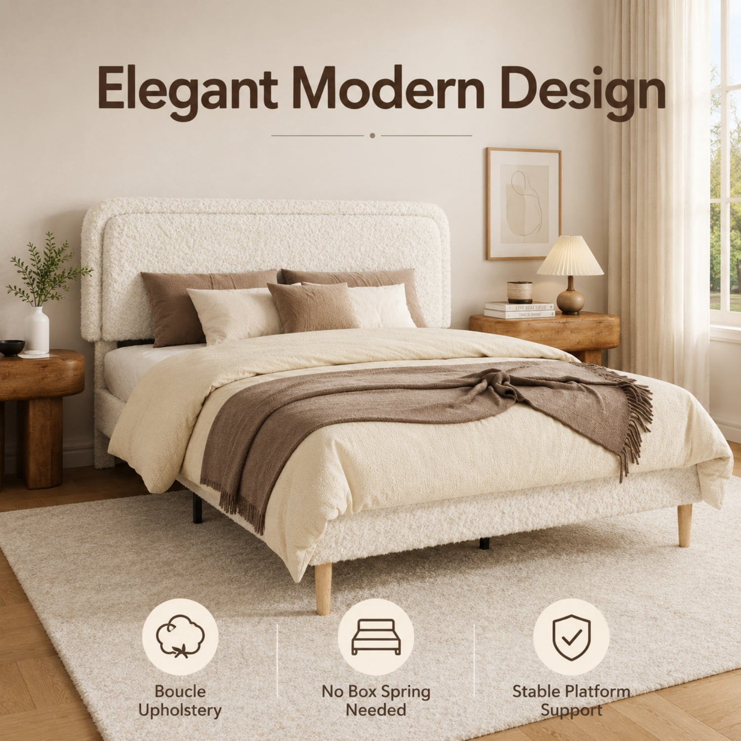Miniyam King Size Boucle Upholstered Platform Bed Frame with Adjustable Headboard and Wood Slat Support, White