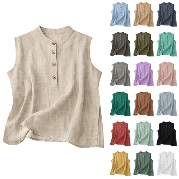 Kelon Womens Tank Tops Sleeveless Loose Cotton Linen Shirt Crew Neck Dressy Casual Trendy Clothes, S
