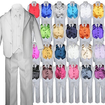 

7pc Boy Baby Kid Teen Formal Wedding White Suit Tuxedo Extra Vest Necktie sz S-7