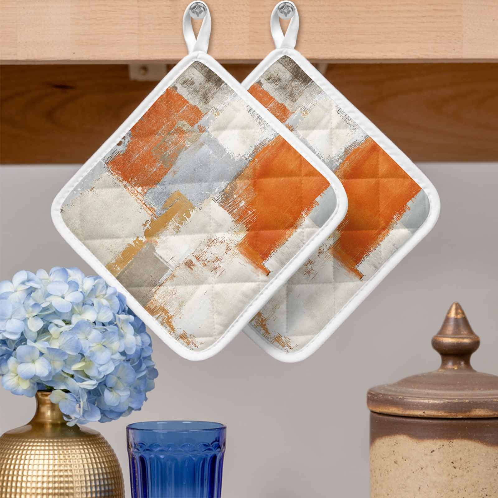 Burnt Orange Pot Holders for Kitchen Heatproof Potholder, 3 Pack Modern Geometric Grey Oil Painting Abstract Hot Pads Multipurpose Oven Pads Cloth Potholders Trivet for Cooking Baking