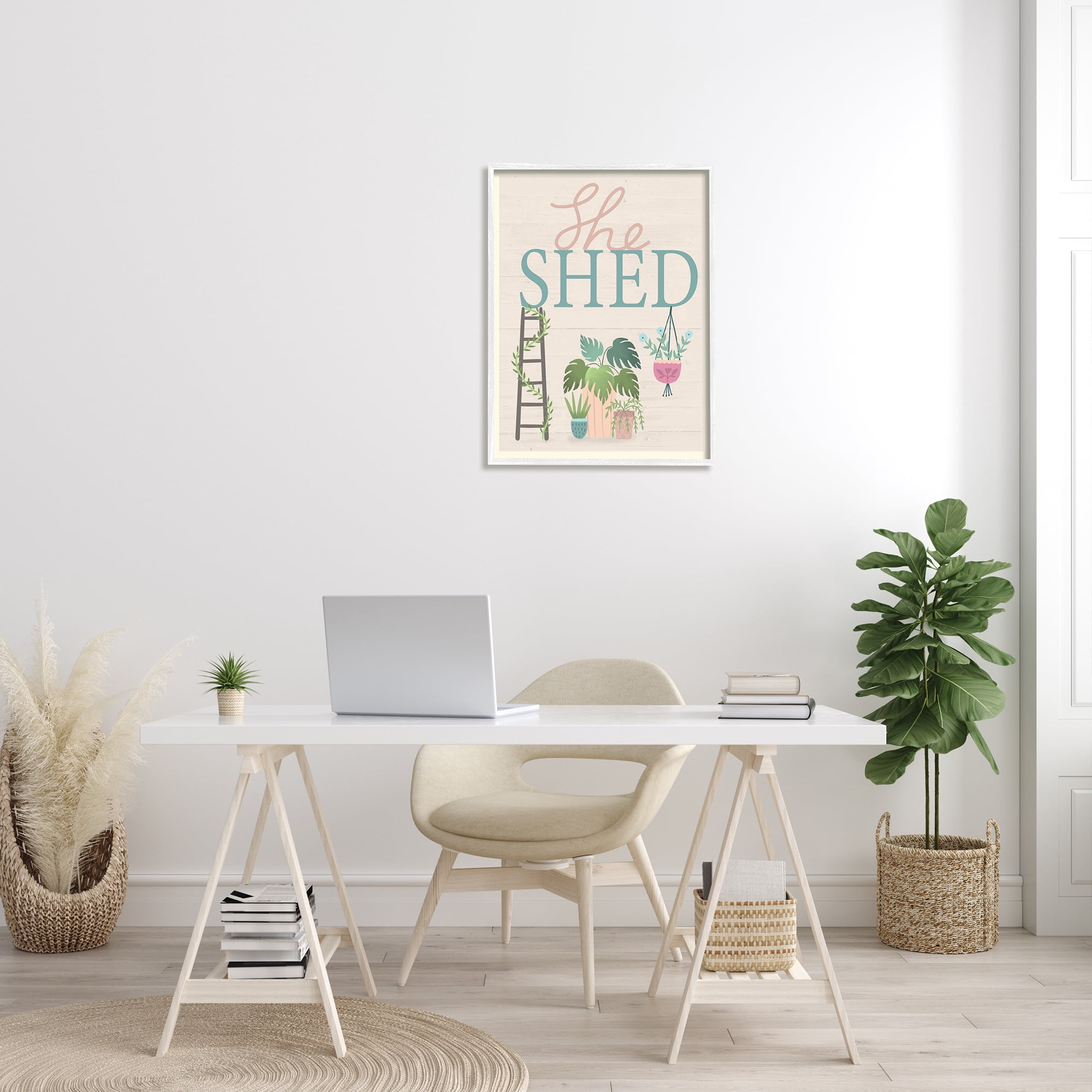 Stupell Industries She Shed Sign Tropical Plants Ladder and Green Vines Graphic Art White Framed Art Print Wall Art, 24x30, by Louise Allen