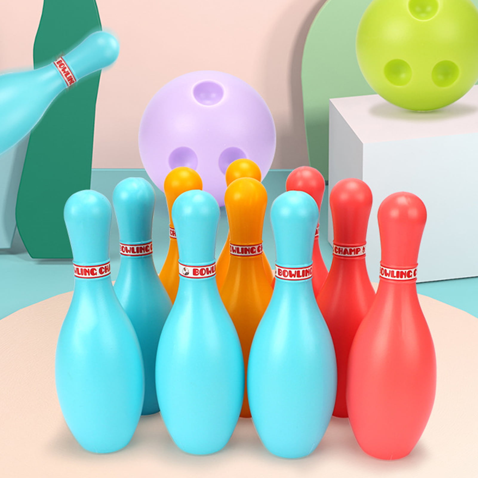 Kids Bowling Set 10 Pins 2 Balls Plastic Ball Indoor Sport Games Party Bowls Family Game Educational Toys for Boys Girls Toddlers Children Age 3 4 5 6 Years Old 