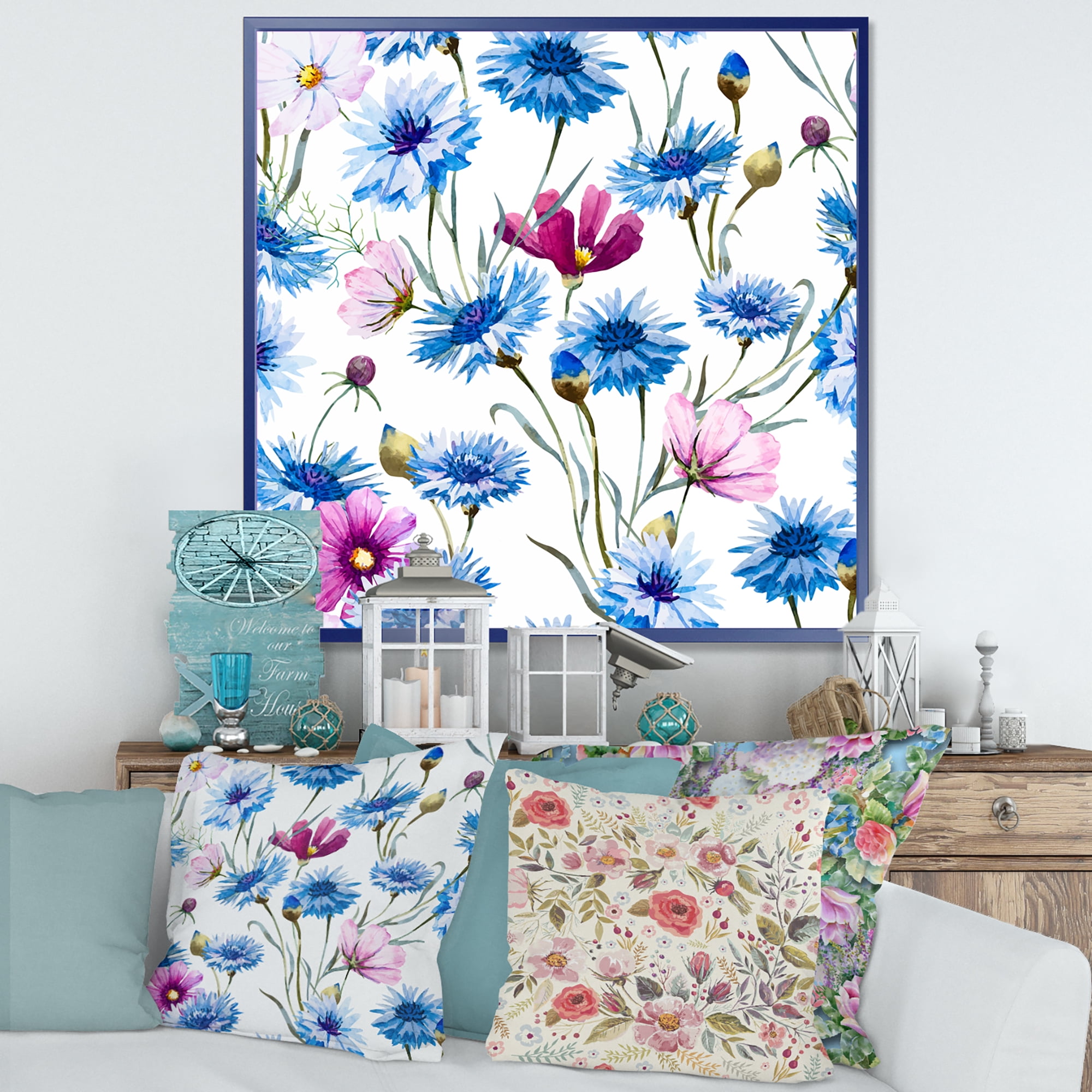 Designart 'Pink and Blue Wild Cornflowers' Traditional Framed Canvas Wall Art Print