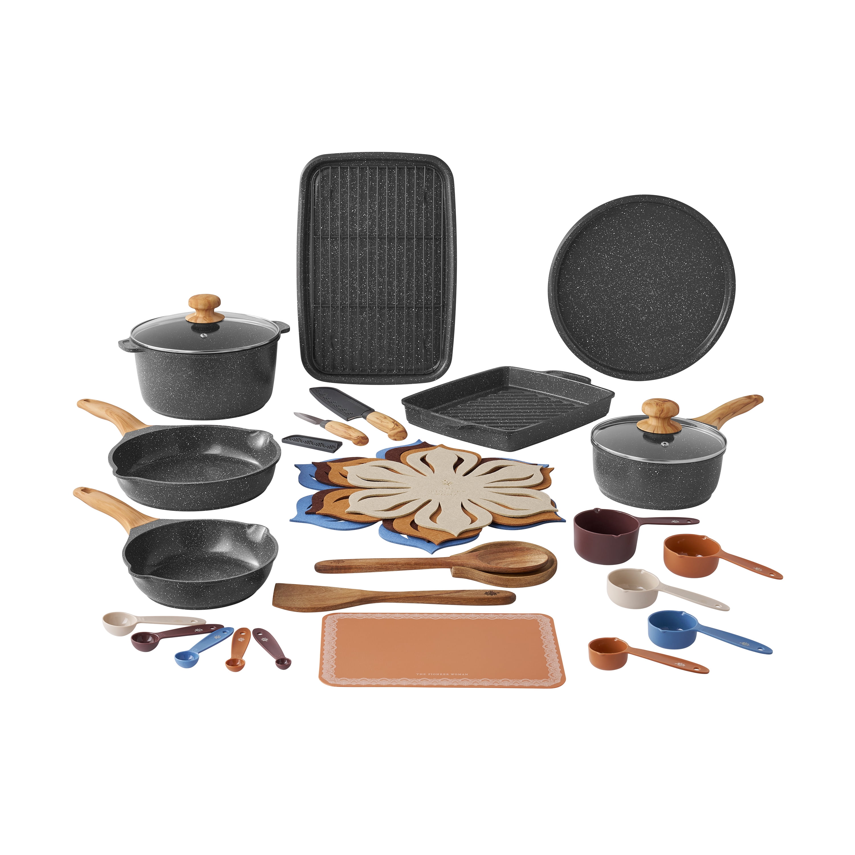 The Pioneer Woman 32-Piece Nonstick Cast Aluminum Cookware and Kitchen Utensil Set, Charcoal