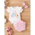 thumbnail image 2 of Bagilaanoe 3pcs Newborn Easter Outfits Baby Girl Shorts Set Short Sleeve Letter Print Romper Tops + Shorts + Headband 3M 6M 9M 12M 18M Infant Casual Summer Clothes, 2 of 9
