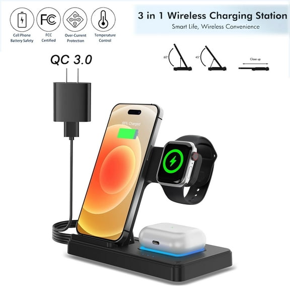 Wireless Charger, Fast Charging Stand Compatible with iPhone 16 15 14 13 12 11 Pro Max Plus XS XR X 8, For Apple Watch 9 8 7 6 5 4 3 2 SE, for AirPods 3 2 Pro,Charging Station